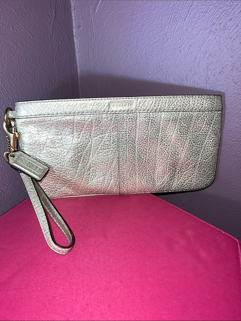 Coach Metallic Silver Pebbled Leather Wristlet